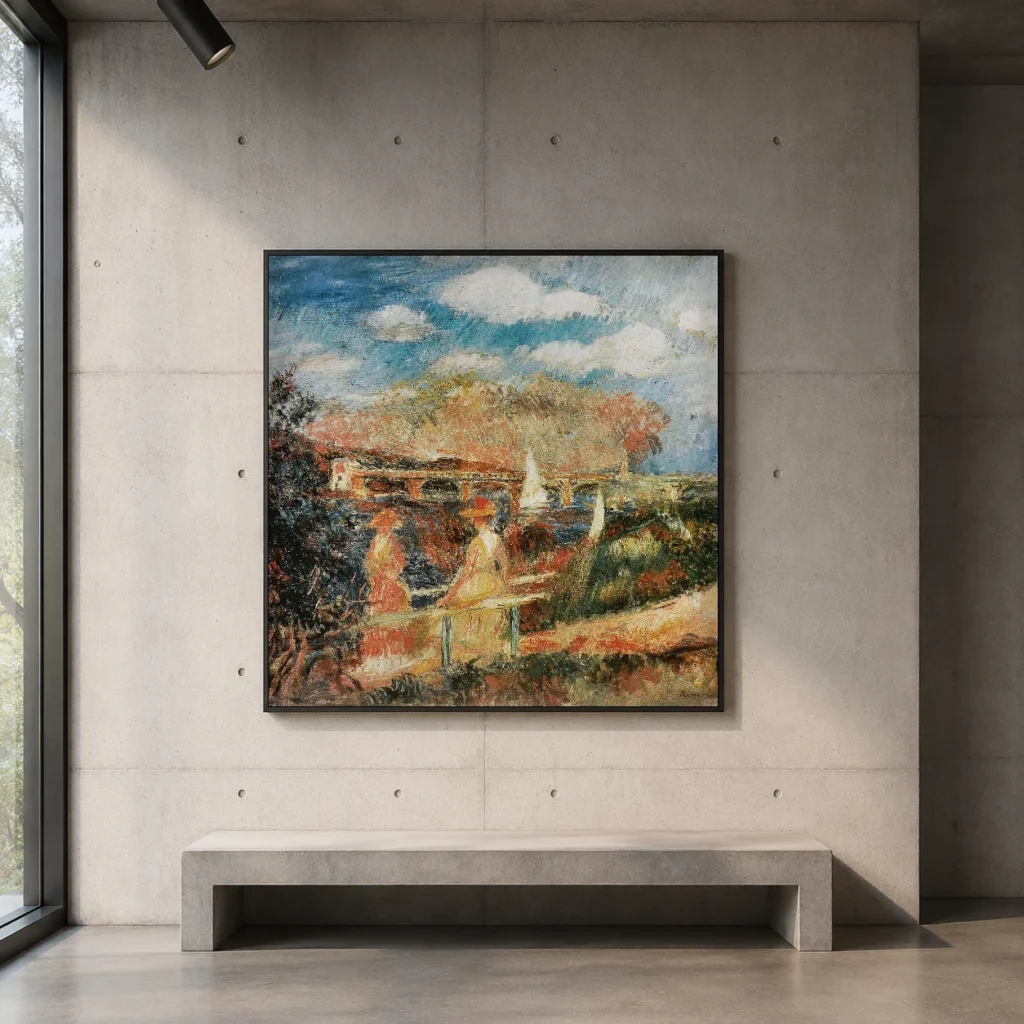 Framed print of The Banks of the Seine at Argenteuil hanging on a wall in a furnished room