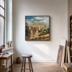 Framed print of The Banks of the Seine at Argenteuil hanging on a wall in a furnished room
