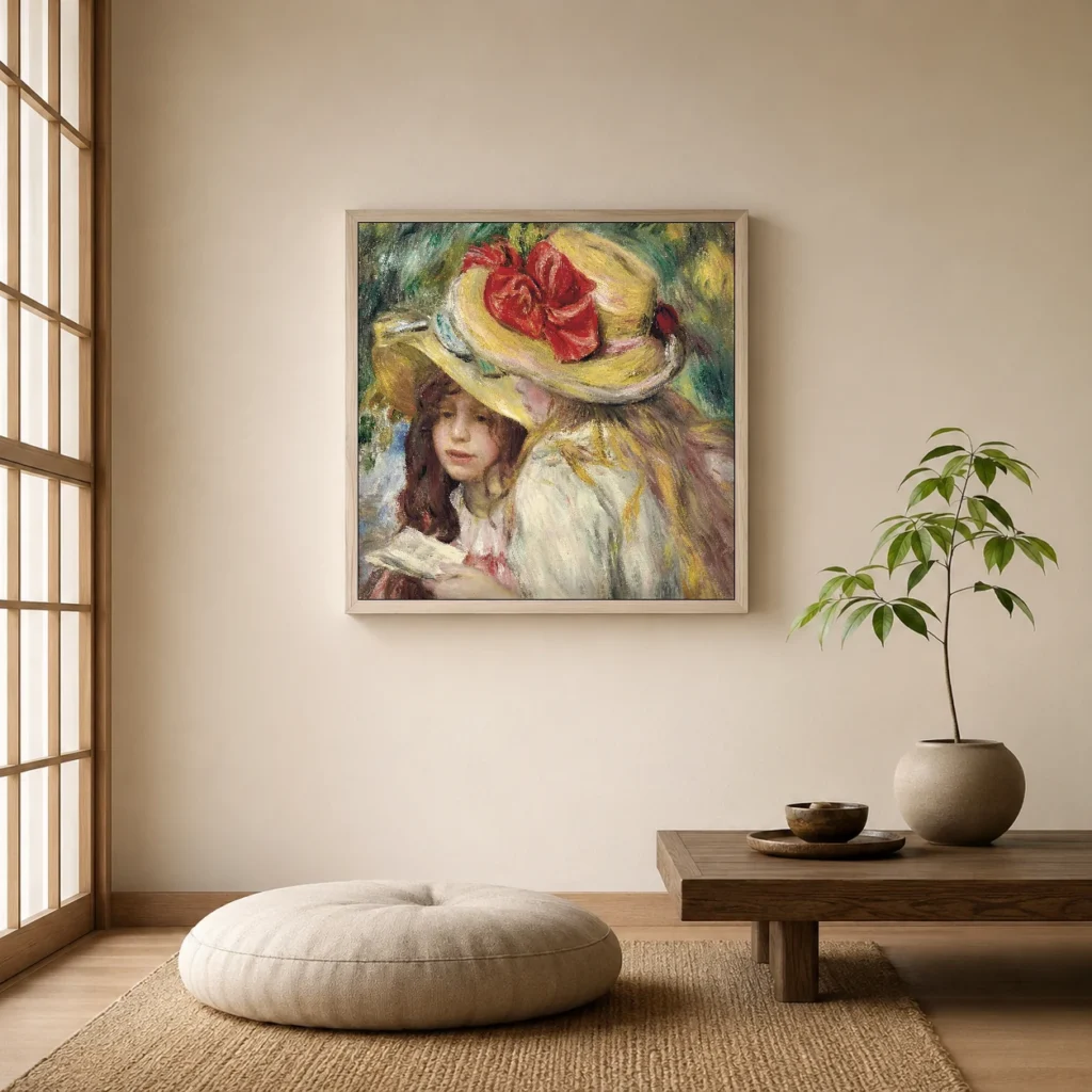 Framed print of The Two Sisters hanging on a wall in a furnished room
