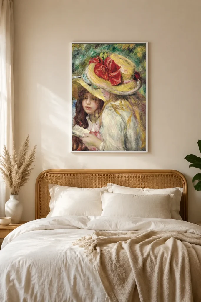 Framed print of The Two Sisters hanging on a wall in a furnished room