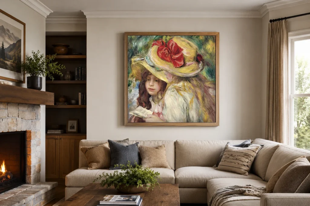 Framed print of The Two Sisters hanging on a wall in a furnished room