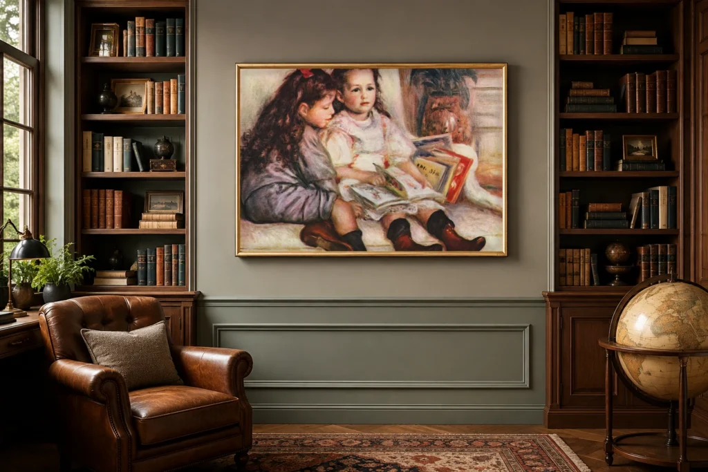 Framed print of The Children of Martial Caillebotte hanging on a wall in a furnished room