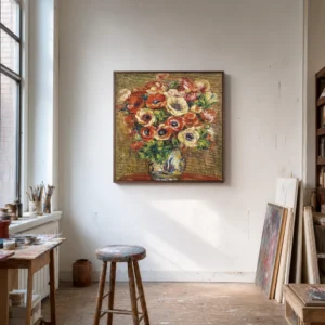 Framed print of Anemone hanging on a wall in a furnished room