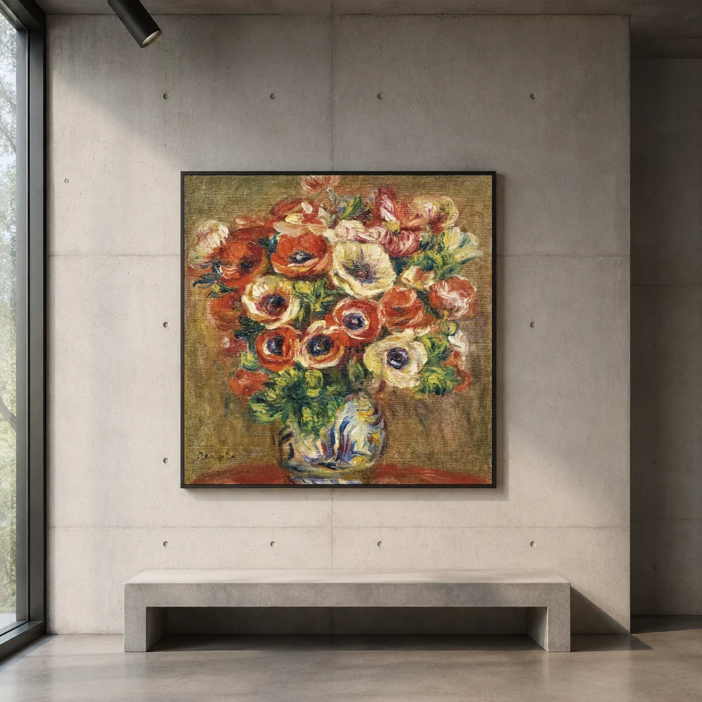 Framed print of Anemone hanging on a wall in a furnished room