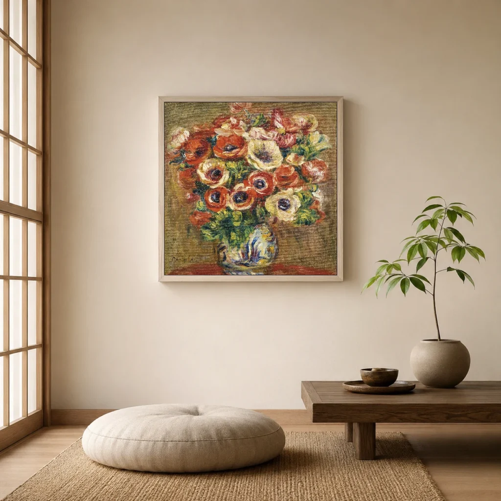 Framed print of Anemone hanging on a wall in a furnished room