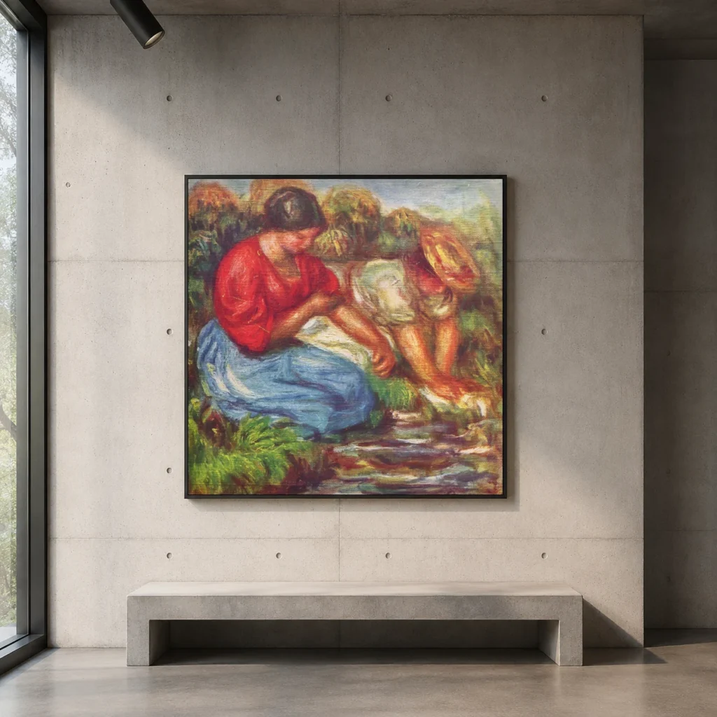 Framed print of The Little Washerwomen at Cagnes hanging on a wall in a furnished room