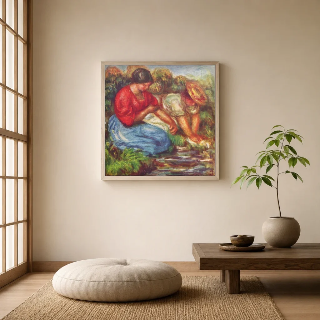 Framed print of The Little Washerwomen at Cagnes hanging on a wall in a furnished room