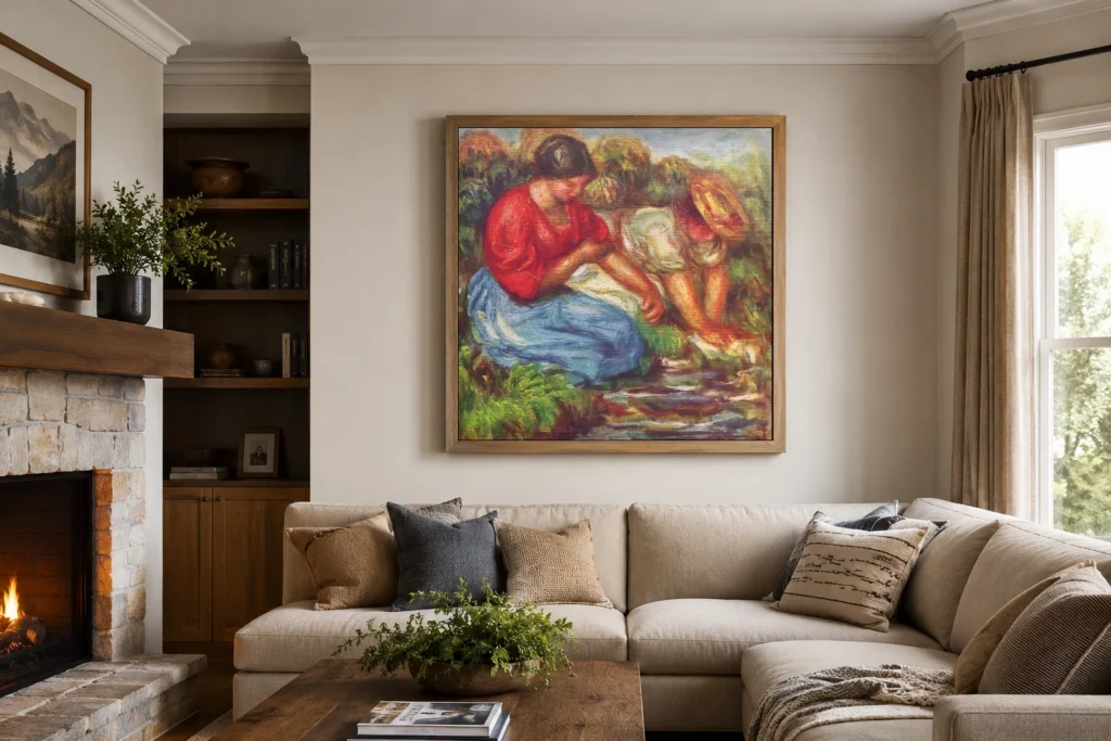 Framed print of The Little Washerwomen at Cagnes hanging on a wall in a furnished room