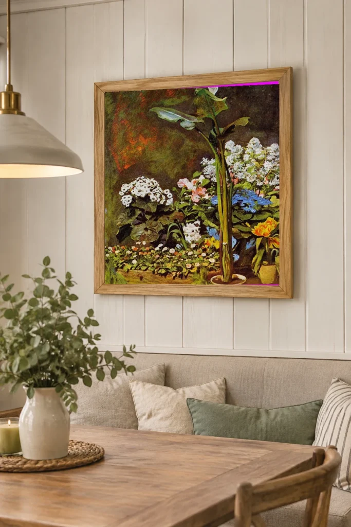 Framed print of Lily and Greenhouse Plants hanging on a wall in a furnished room