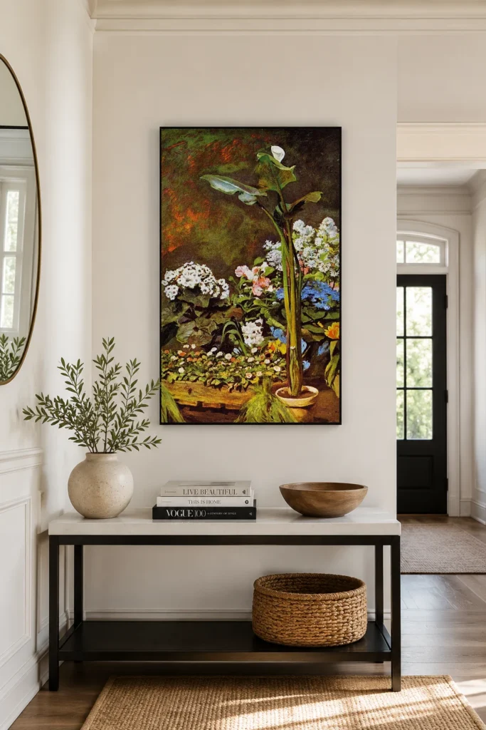 Framed print of Lily and Greenhouse Plants hanging on a wall in a furnished room