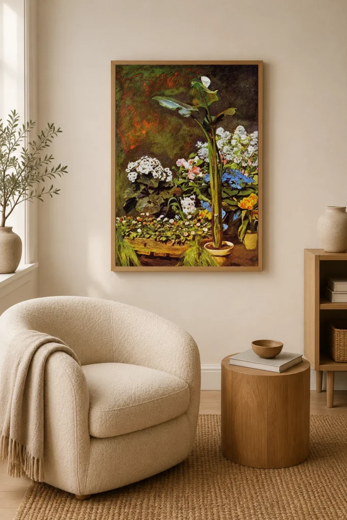 Framed print of Lily and Greenhouse Plants hanging on a wall in a furnished room