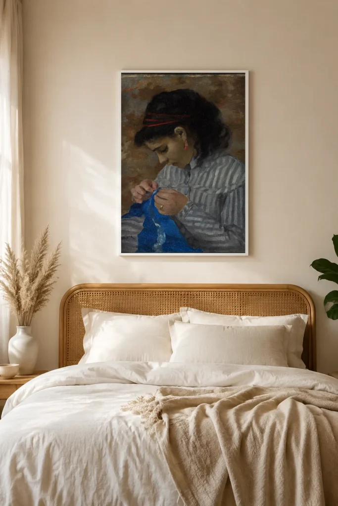 Framed print of Lise Sewing hanging on a wall in a furnished room