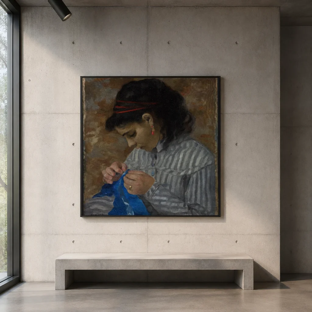 Framed print of Lise Sewing hanging on a wall in a furnished room