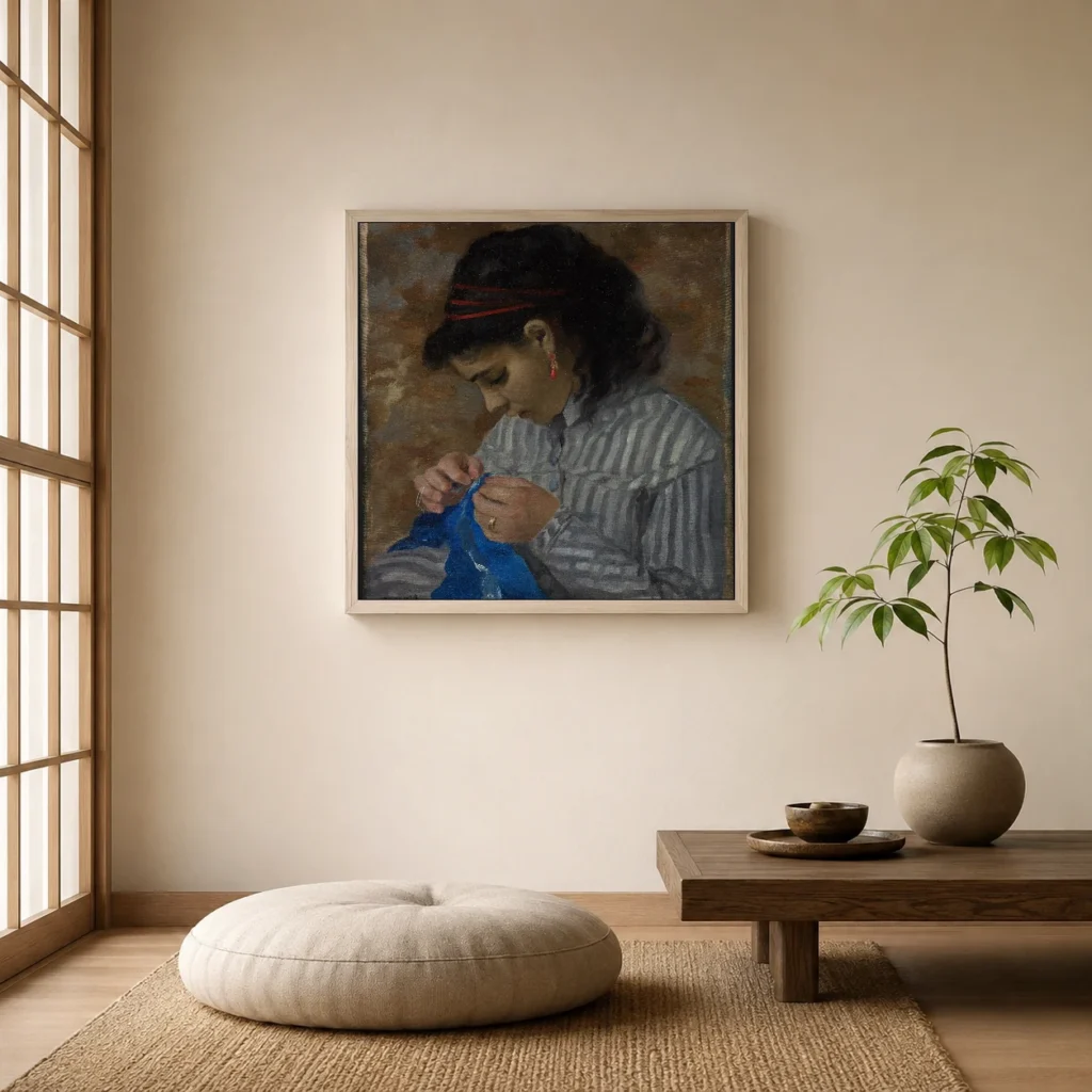 Framed print of Lise Sewing hanging on a wall in a furnished room