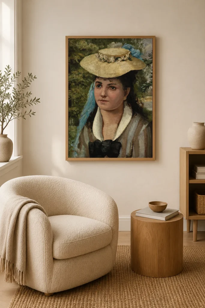 Framed print of Lise in a Straw Hat (Jeune fille au chapeau de paille) hanging on a wall in a furnished room
