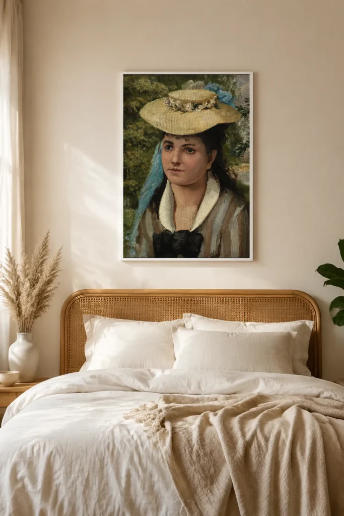 Framed print of Lise in a Straw Hat (Jeune fille au chapeau de paille) hanging on a wall in a furnished room