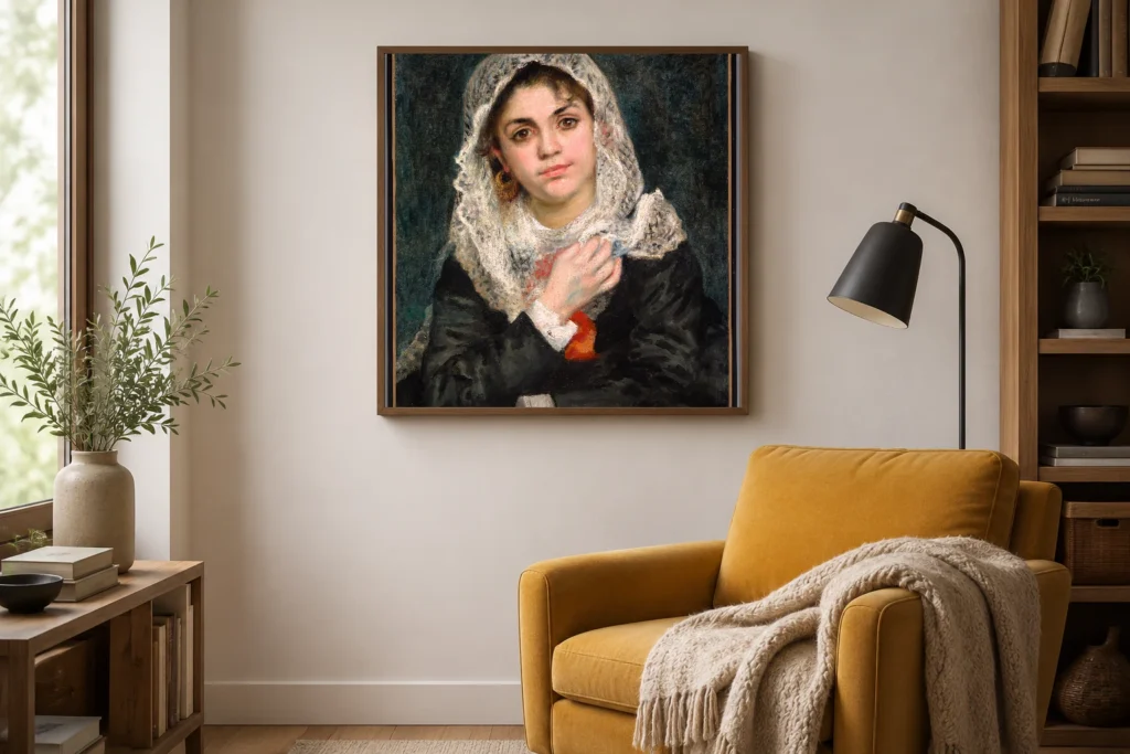 Framed print of Lise in a White Shawl hanging on a wall in a furnished room