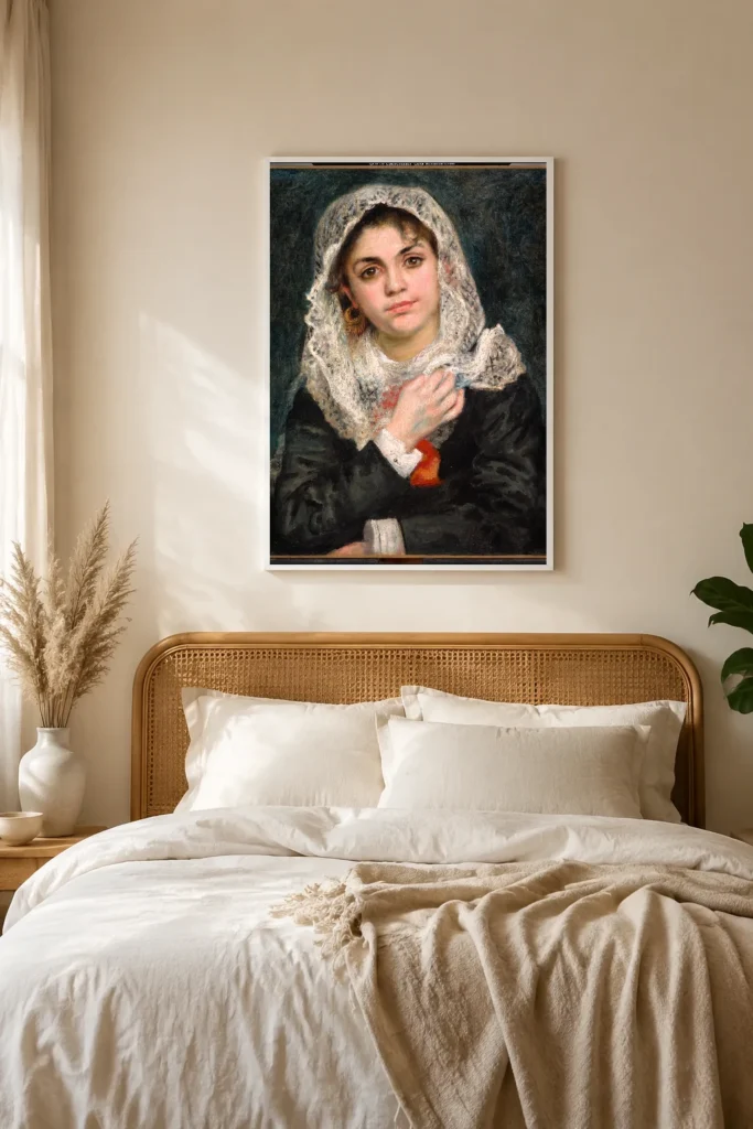 Framed print of Lise in a White Shawl hanging on a wall in a furnished room