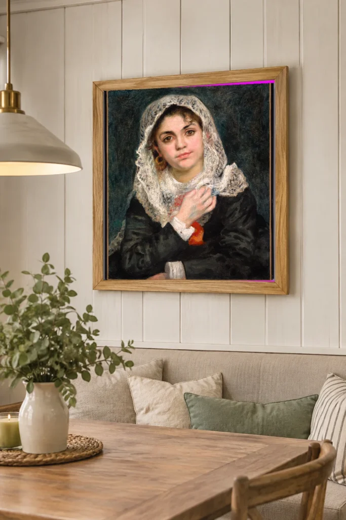 Framed print of Lise in a White Shawl hanging on a wall in a furnished room