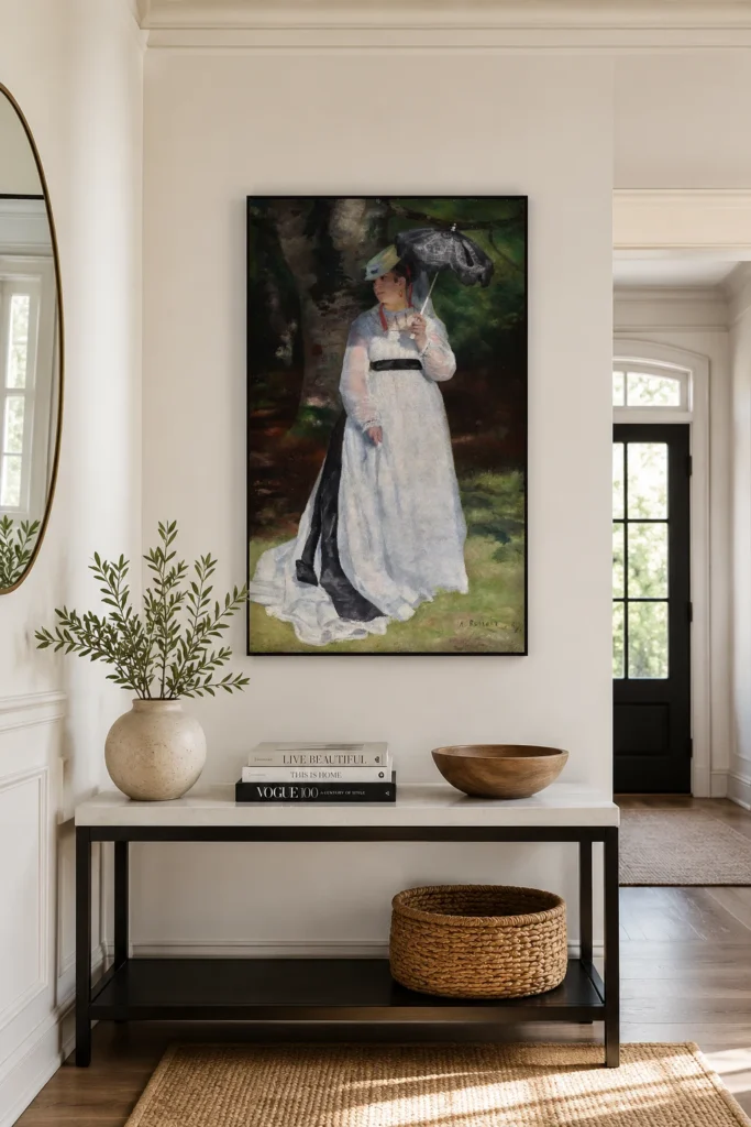 Framed print of Lise with a Parasol hanging on a wall in a furnished room