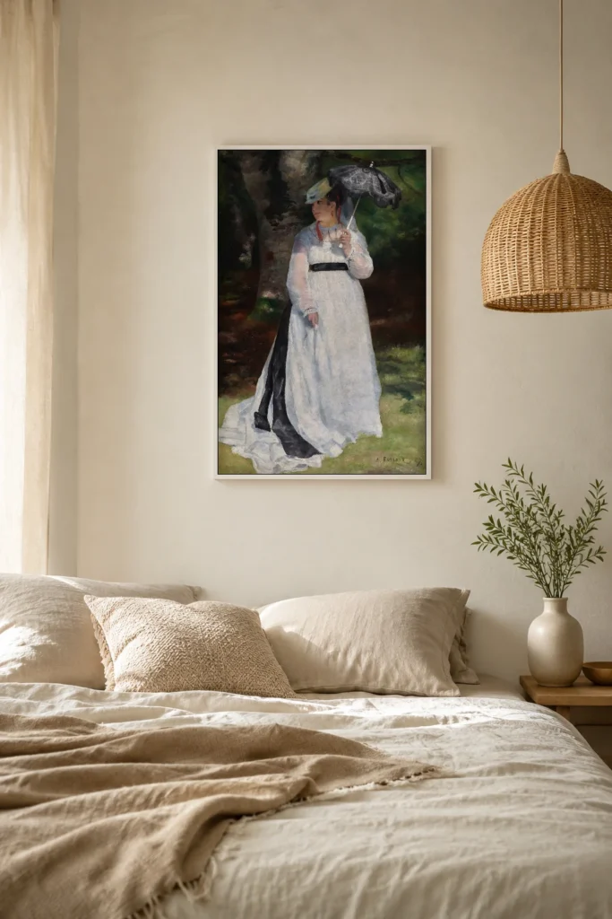 Framed print of Lise with a Parasol hanging on a wall in a furnished room