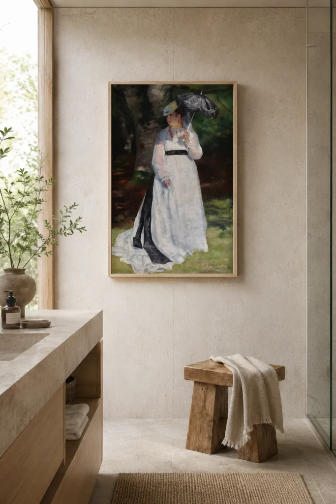 Framed print of Lise with a Parasol hanging on a wall in a furnished room