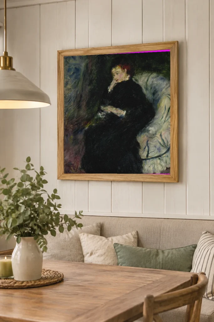 Framed print of Liseuse in the White Armchair hanging on a wall in a furnished room