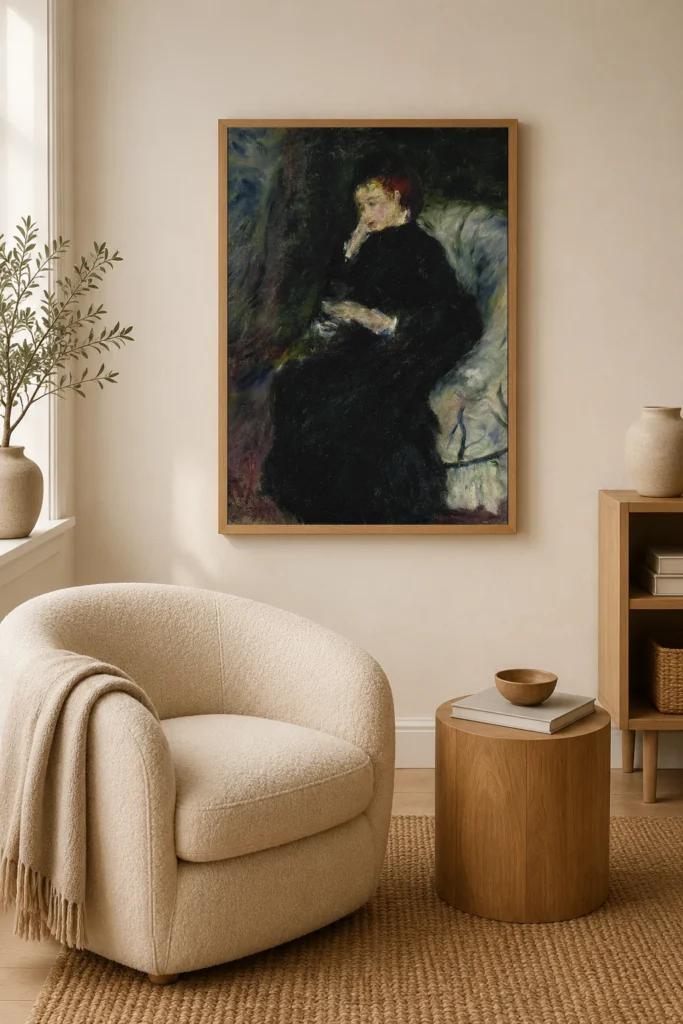 Framed print of Liseuse in the White Armchair hanging on a wall in a furnished room