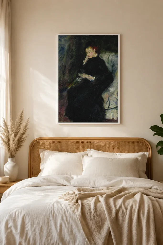 Framed print of Liseuse in the White Armchair hanging on a wall in a furnished room