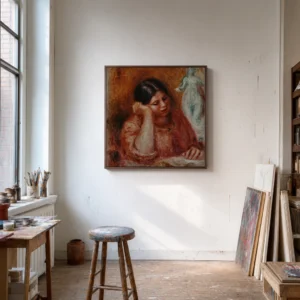 Framed print of Liseuse with Venus (Gabrielle with a Sculpture) hanging on a wall in a furnished room