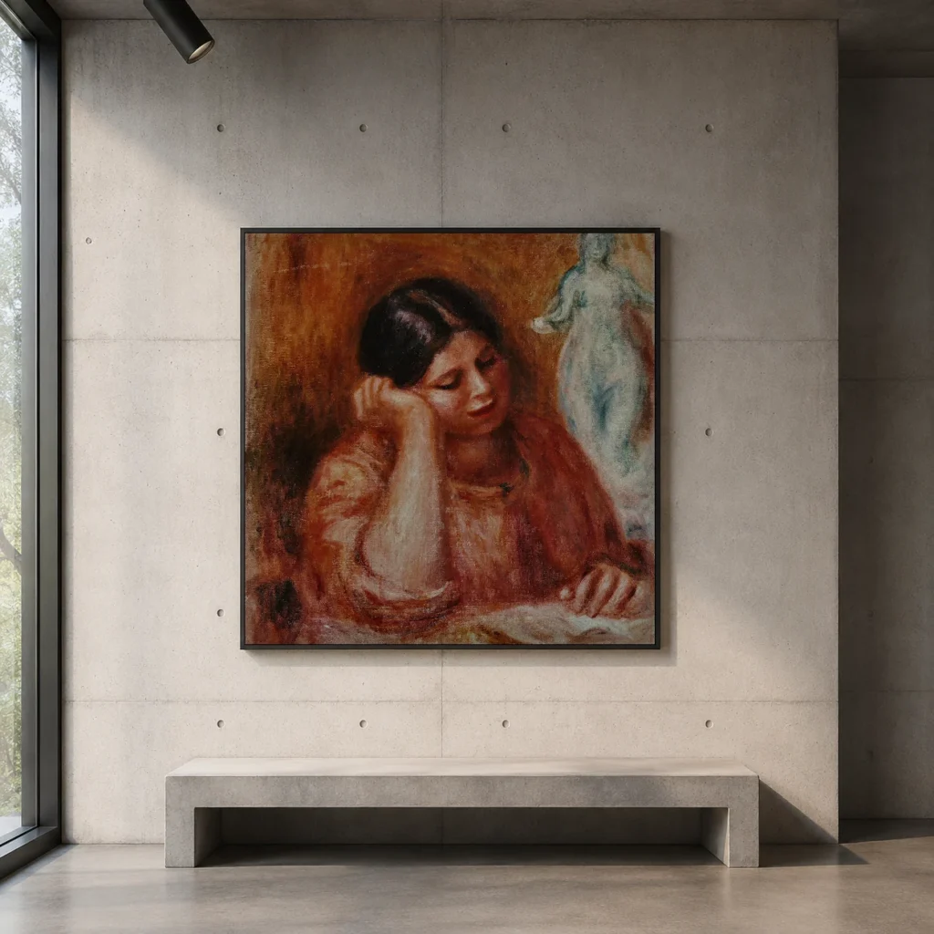 Framed print of Liseuse with Venus (Gabrielle with a Sculpture) hanging on a wall in a furnished room