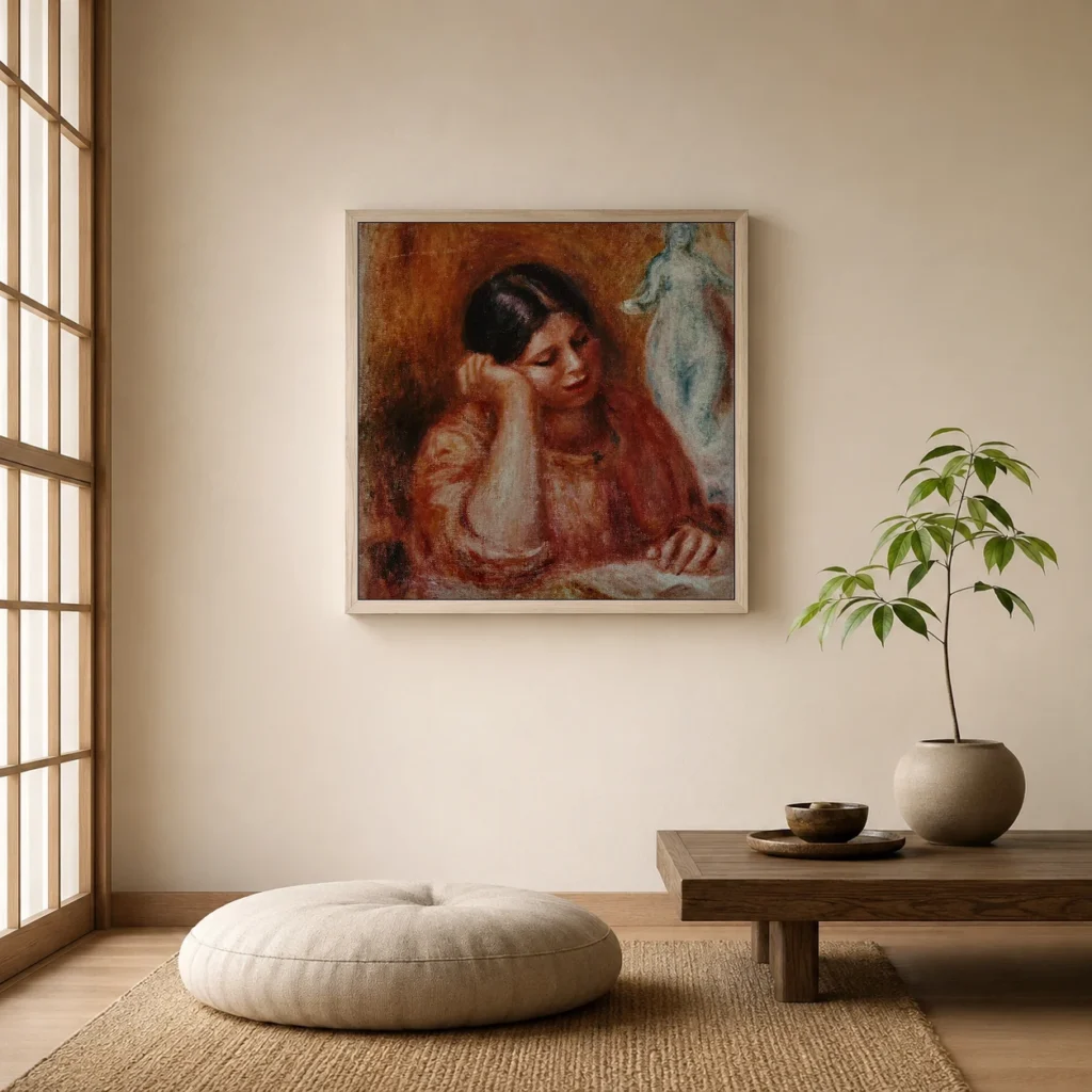 Framed print of Liseuse with Venus (Gabrielle with a Sculpture) hanging on a wall in a furnished room