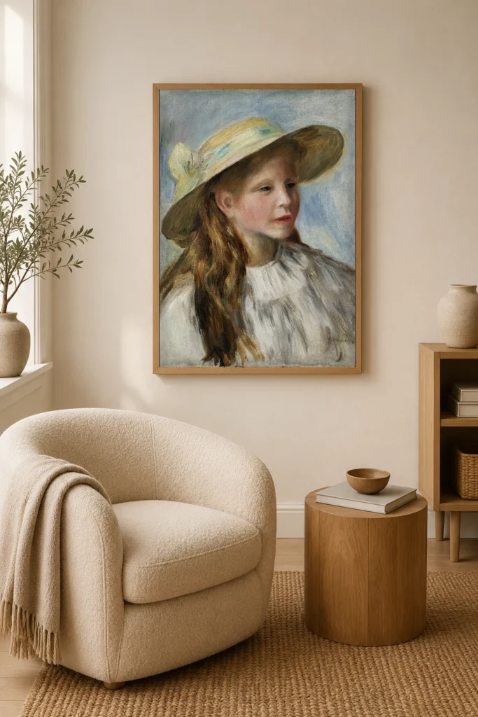 Framed print of Little Girl with a Hat (Jeune Fille au Chapeau) hanging on a wall in a furnished room