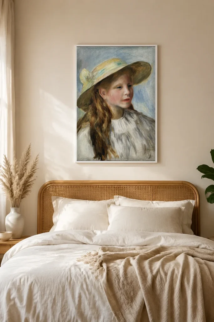 Framed print of Little Girl with a Hat (Jeune Fille au Chapeau) hanging on a wall in a furnished room