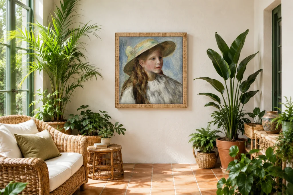 Framed print of Little Girl with a Hat (Jeune Fille au Chapeau) hanging on a wall in a furnished room