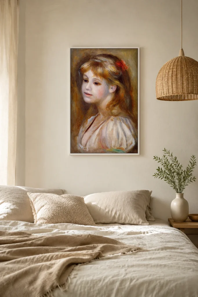 Framed print of Little girl with a red hair knot hanging on a wall in a furnished room