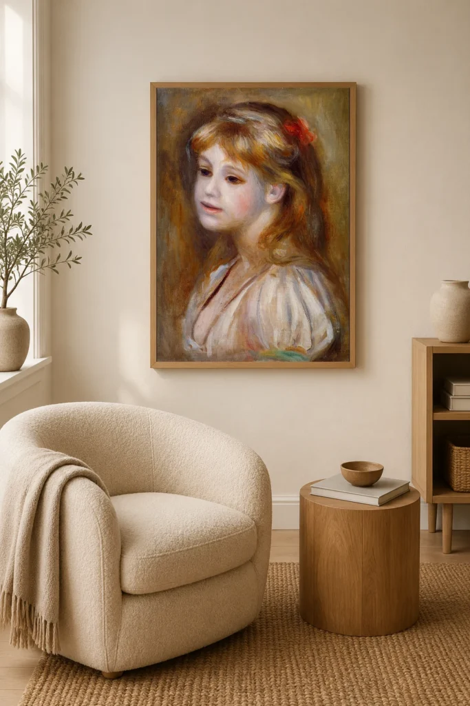 Framed print of Little girl with a red hair knot hanging on a wall in a furnished room