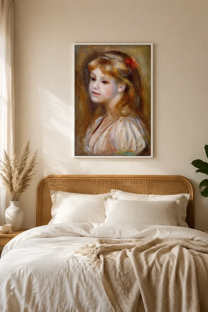 Framed print of Little girl with a red hair knot hanging on a wall in a furnished room