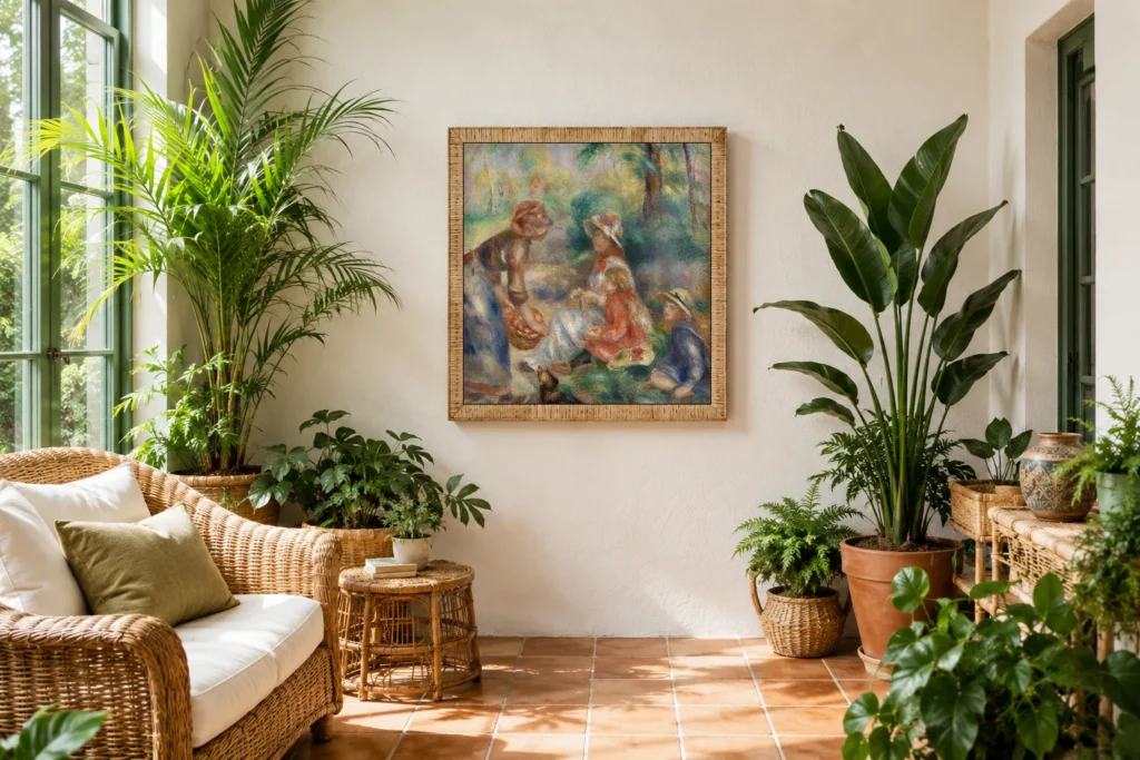 Framed print of Apple Vendor (La Marchande de pommes) hanging on a wall in a furnished room