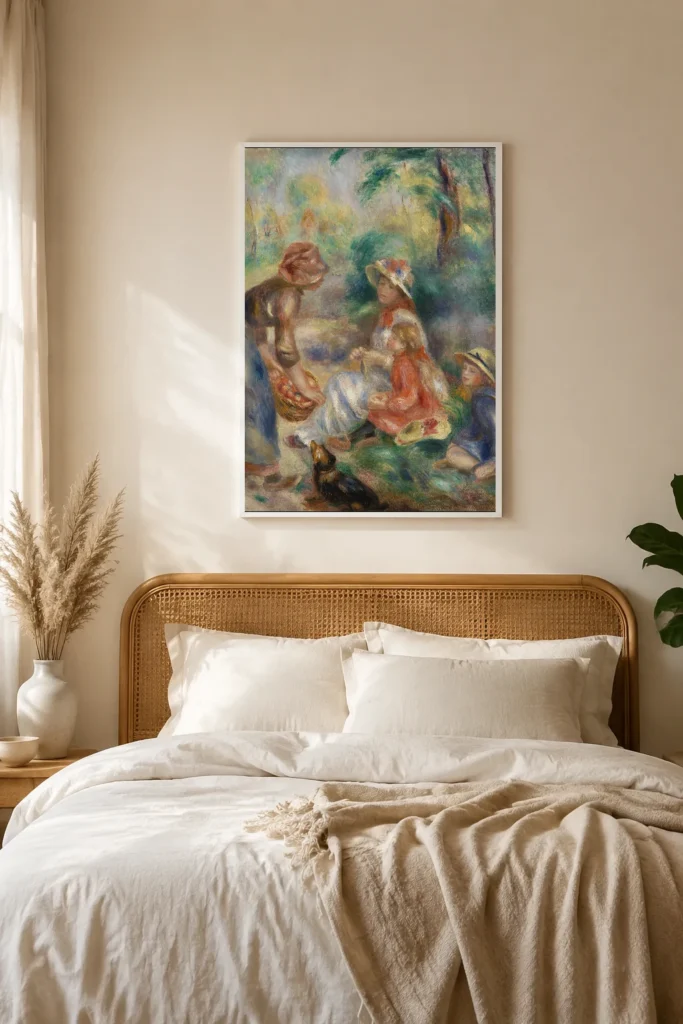 Framed print of Apple Vendor (La Marchande de pommes) hanging on a wall in a furnished room