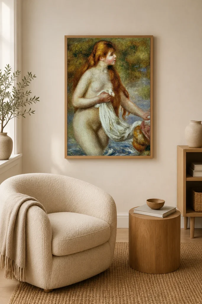 Framed print of Long-haired bather hanging on a wall in a furnished room