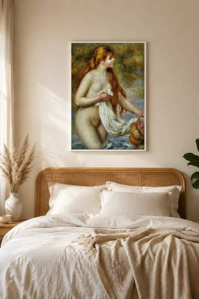 Framed print of Long-haired bather hanging on a wall in a furnished room