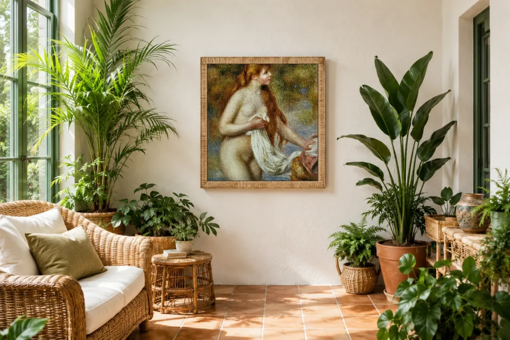 Framed print of Long-haired bather hanging on a wall in a furnished room