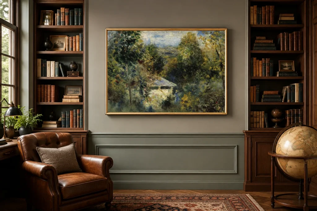 Framed print of Louveciennes hanging on a wall in a furnished room