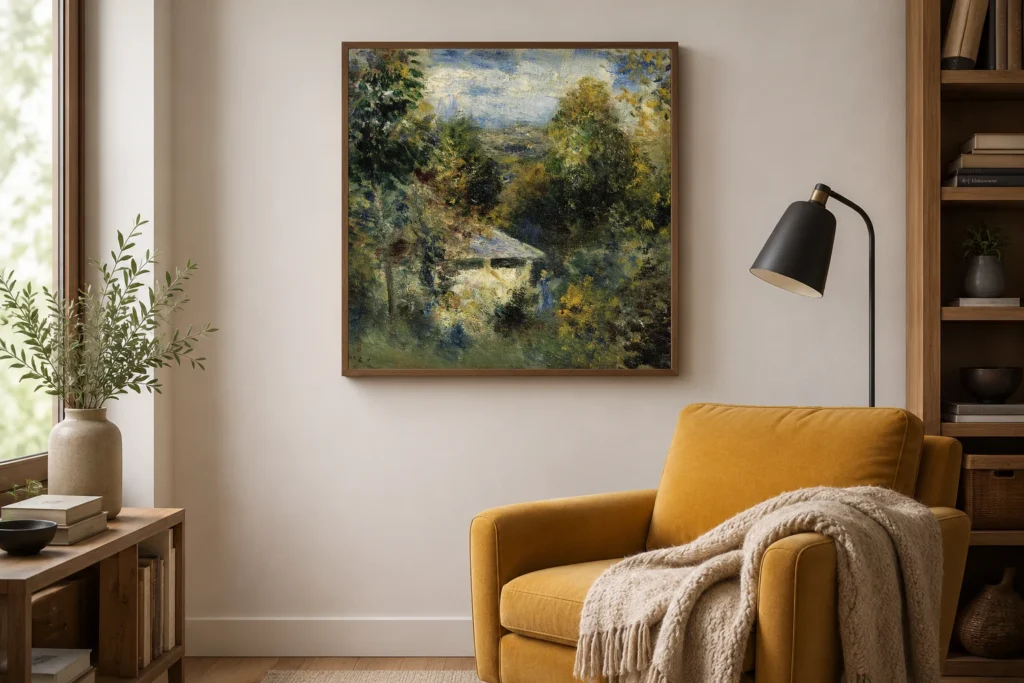Framed print of Louveciennes hanging on a wall in a furnished room