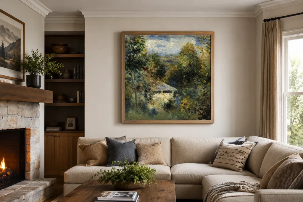 Framed print of Louveciennes hanging on a wall in a furnished room