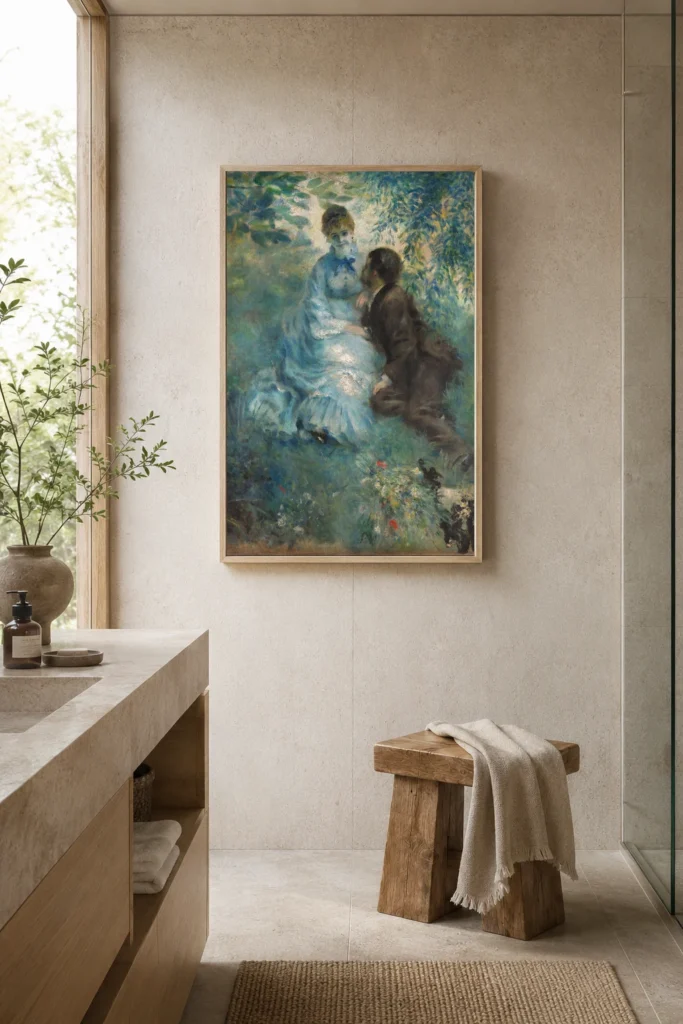 Framed print of Lovers hanging on a wall in a furnished room