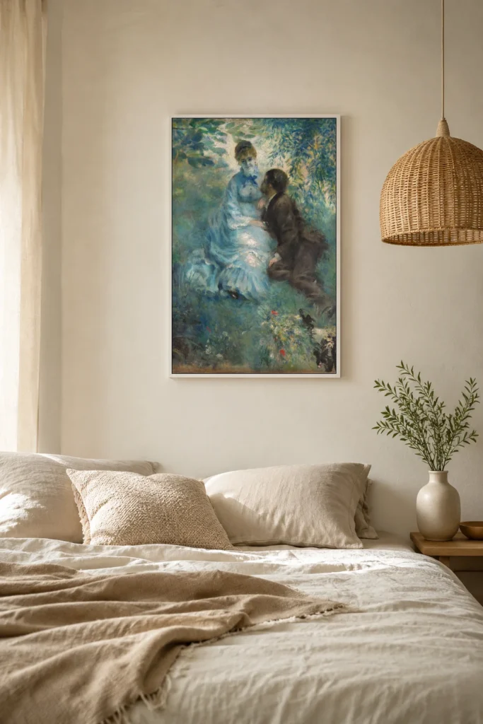 Framed print of Lovers hanging on a wall in a furnished room