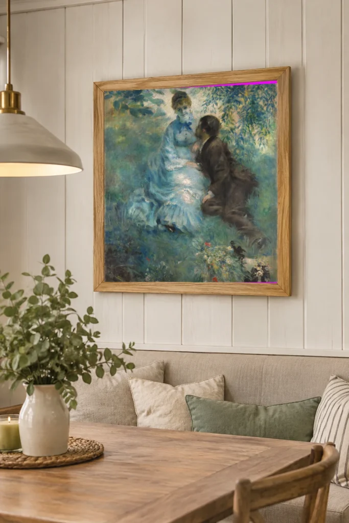 Framed print of Lovers hanging on a wall in a furnished room