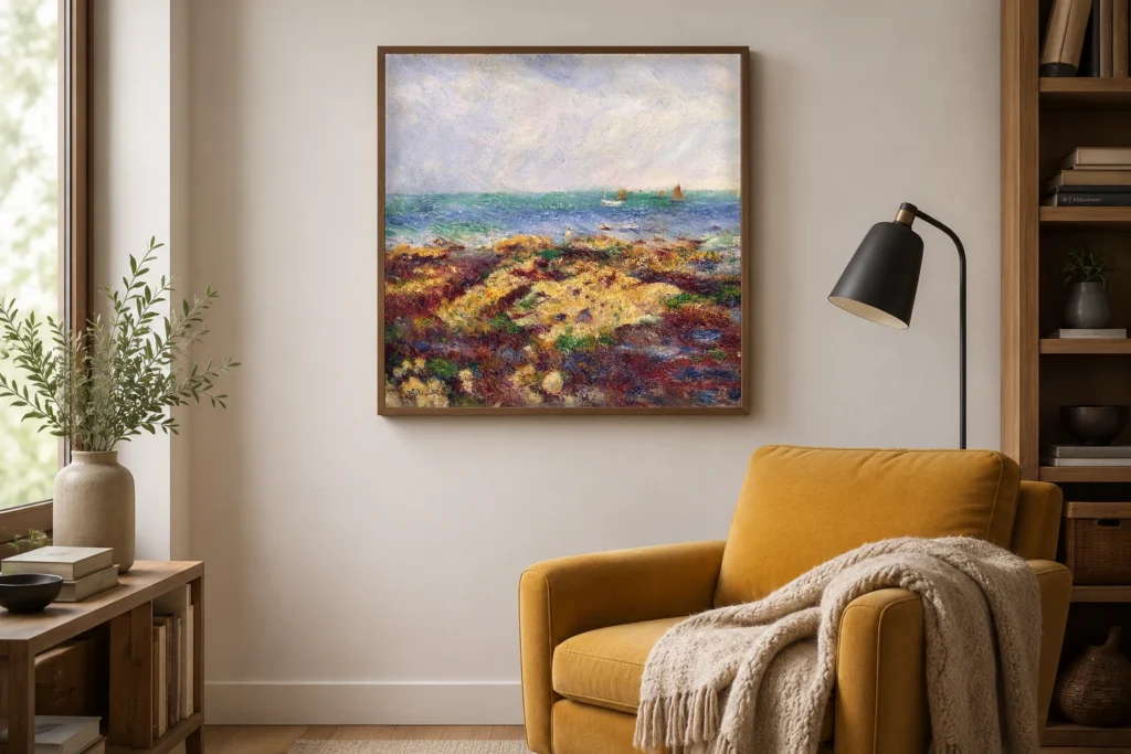 Framed print of Low Tide at Yport hanging on a wall in a furnished room
